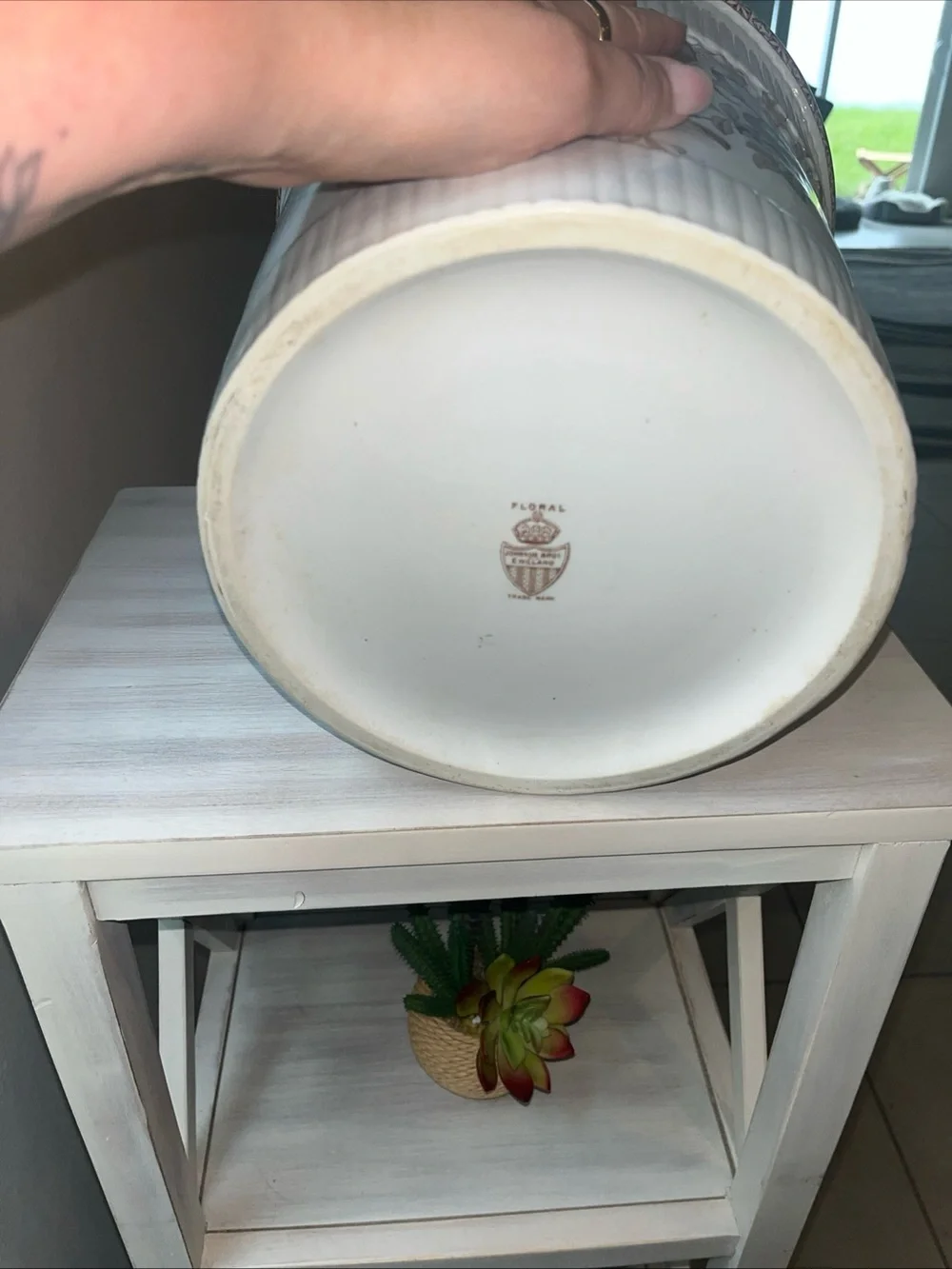 Vintage Johnson Brothers White Ceramic Slop Jar with Brown Floral Motif